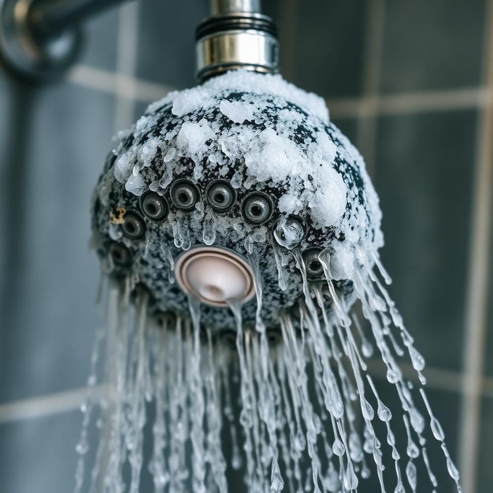 Shower head choked with hard water scale from DFW well water