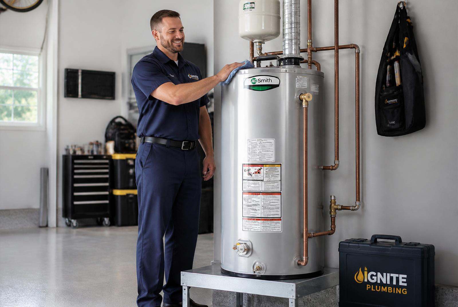 ASAP technician finishing a new water heater installation in a clean garage