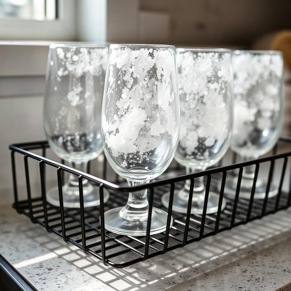 Glassware covered in cloudy hard water spots