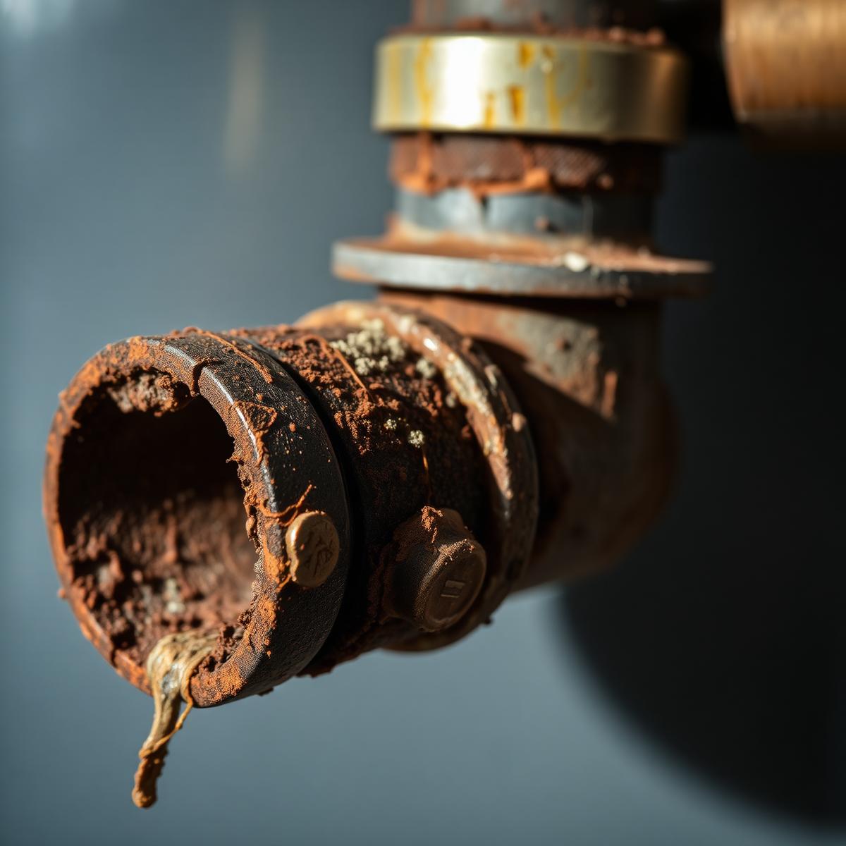 Close-up of a corroded water heater fitting with sediment buildup
