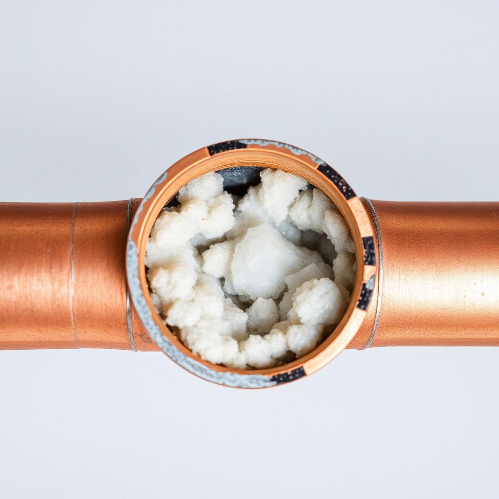 Cutaway of a copper pipe clogged with limescale buildup