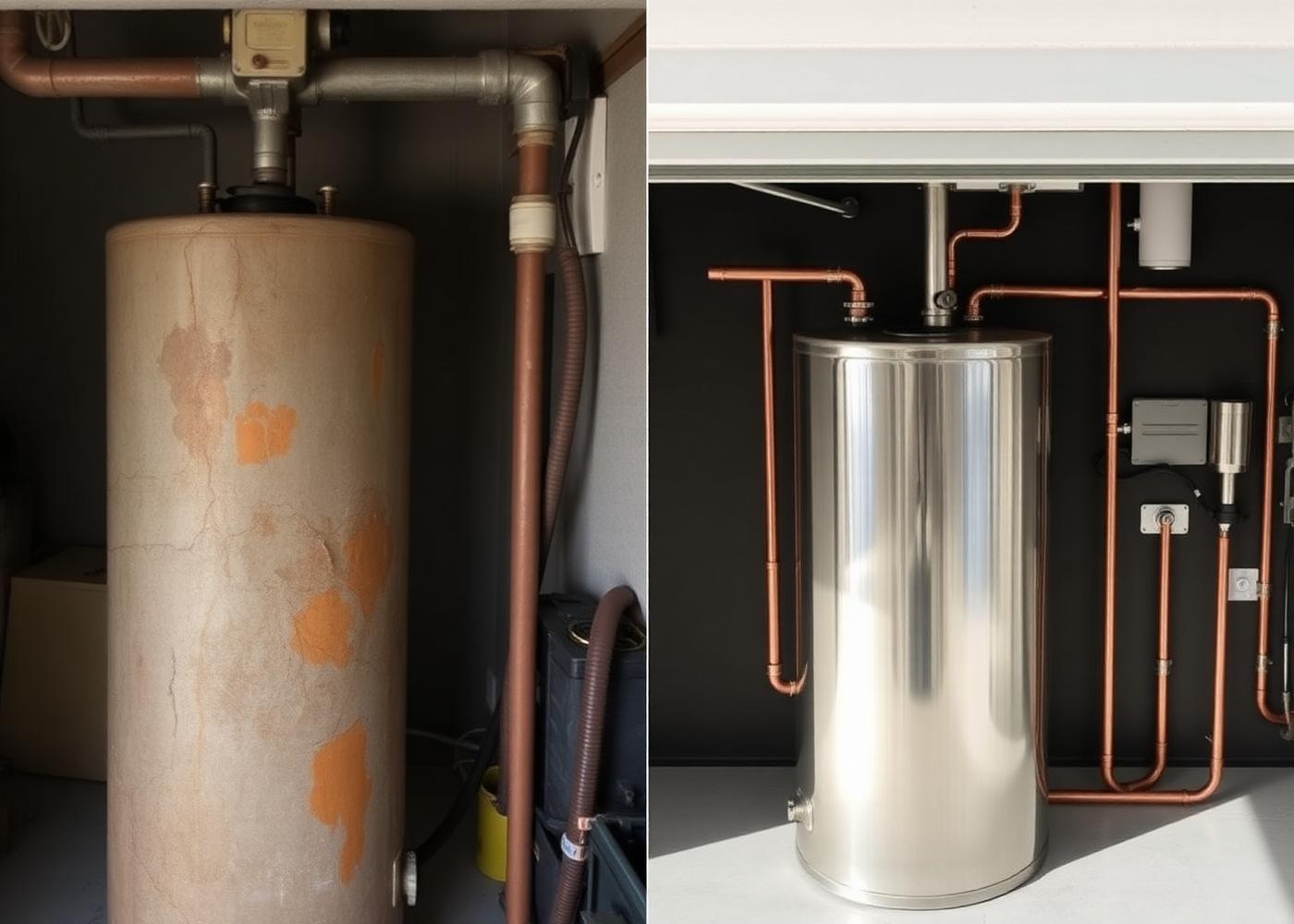 Old rusted water heater compared to a brand-new installed unit