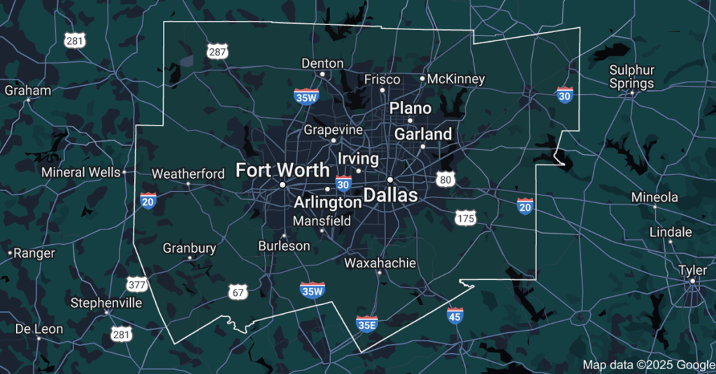 Map of the Dallas/Fort Worth Metroplex service area